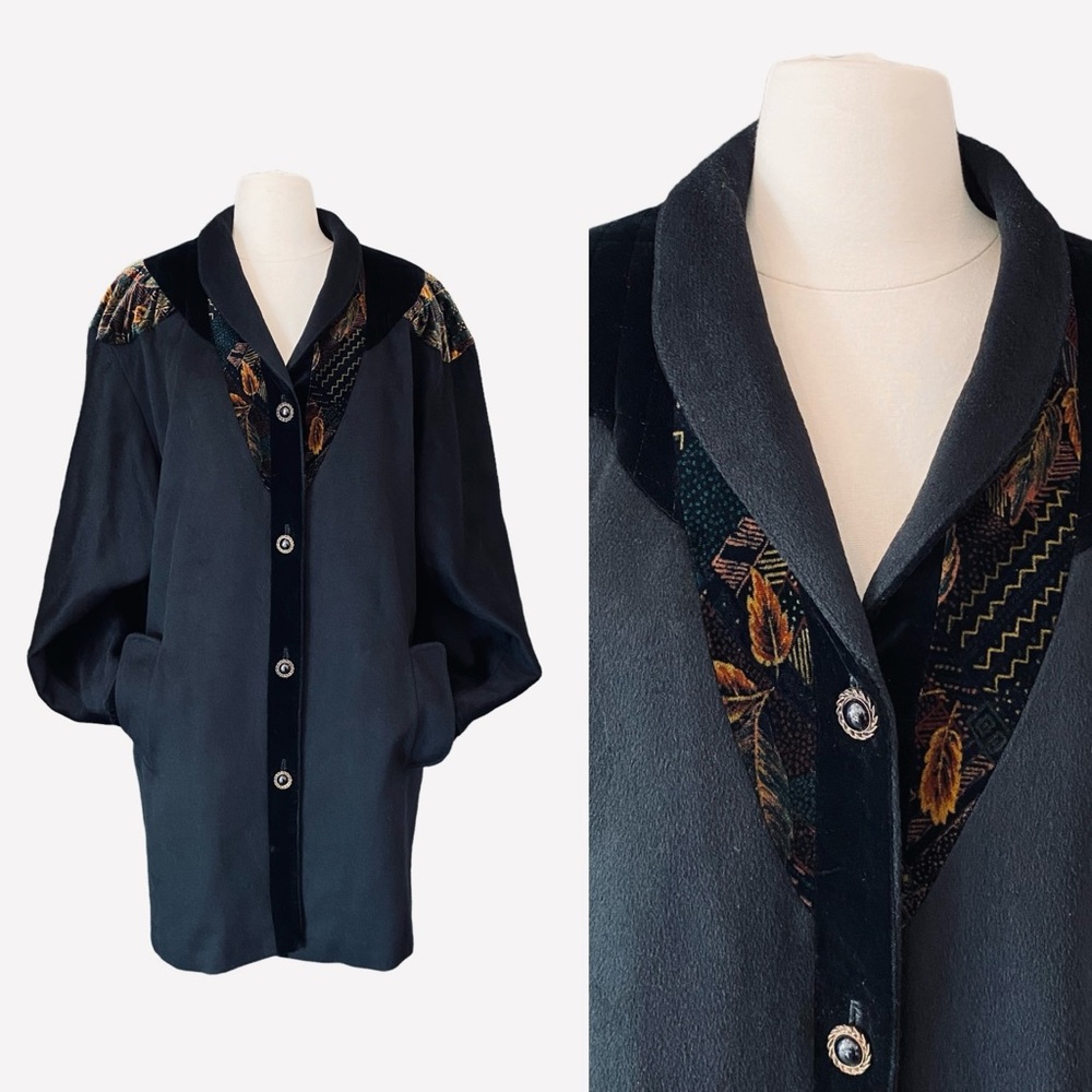 80’s Vintage Long Wool Coat Floral Tapestry & Velvet Full Length Winter Coat